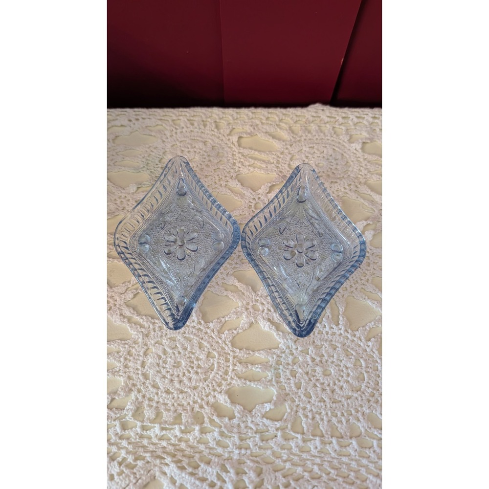(2) Tiara Diamond Indiana Glass Ashtray Sandwich Azure Blue Trinket Small